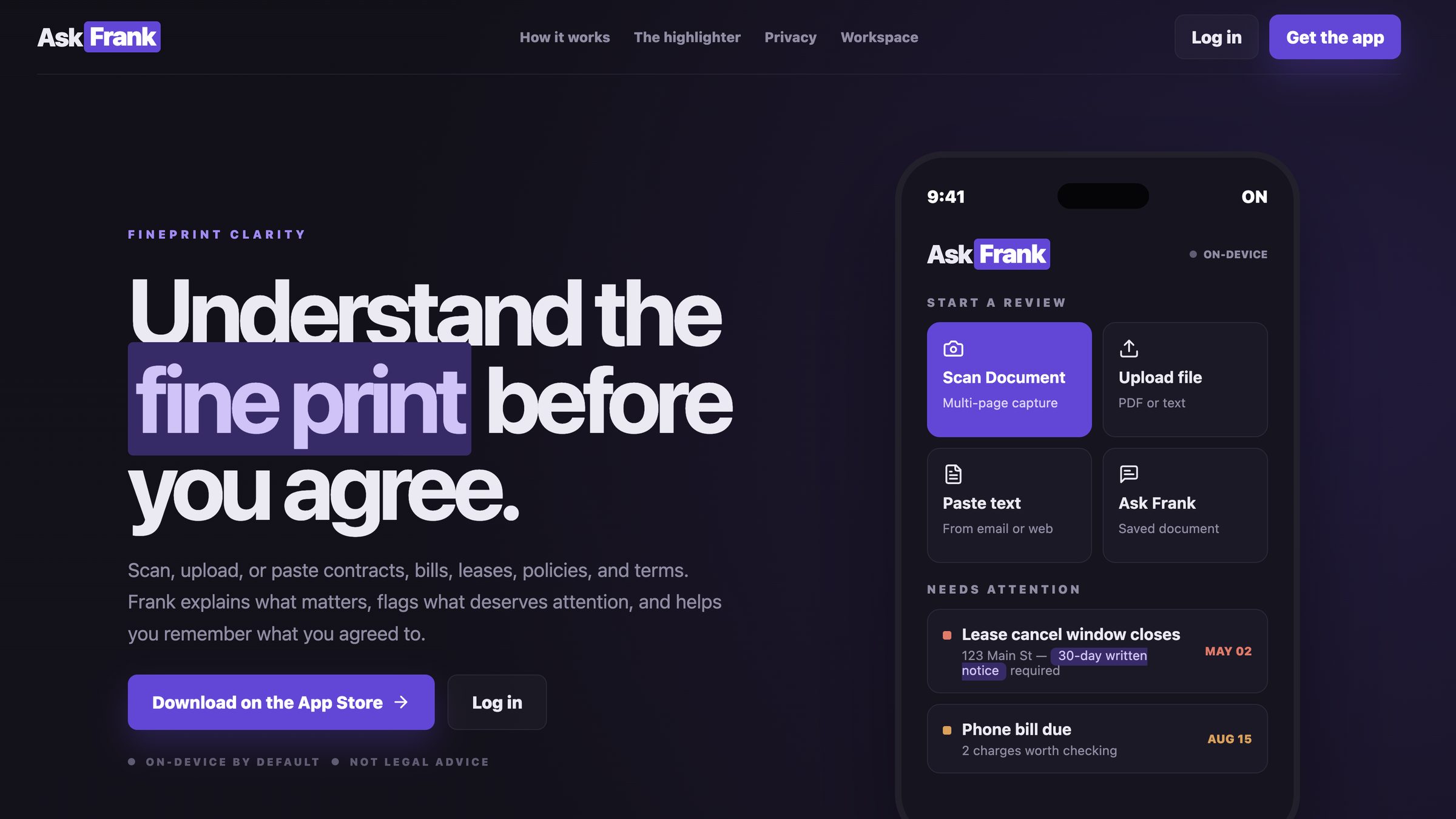 AskFrank public site showing the fine-print clarity hero and mobile app