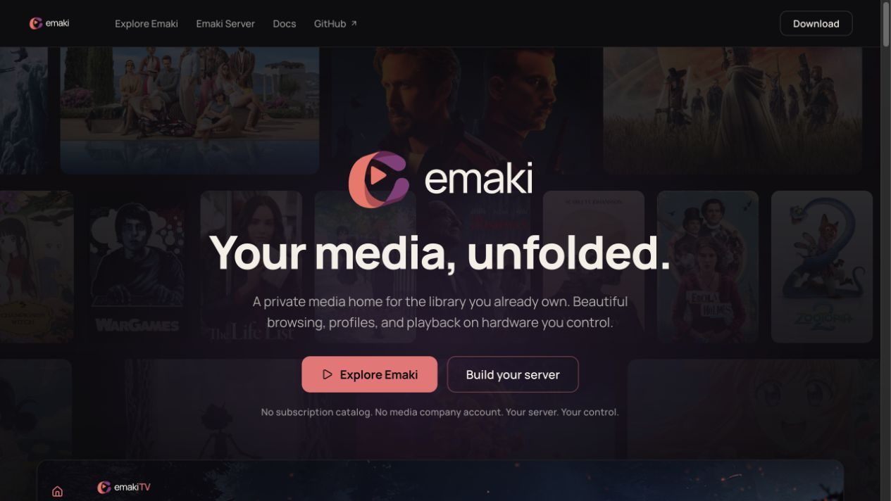 Emaki public product site showing the media browsing hero